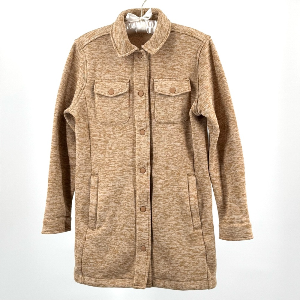 Lands’ End Tan Fleece Long Sweater Jacket Snap Closure Zip Pockets Size S
